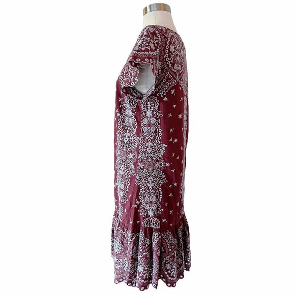 ANTHROPOLOGIE FEATHER BONE Ynez Maroon Dress Flounced Embroidered Eyelet Blue - Picture 4 of 11
